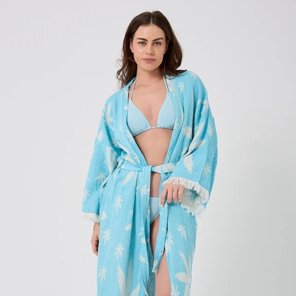Women's Blue + White Leaf Patterned Robe One Size New 100% Organic Cotton NEW - Picture 2 of 12